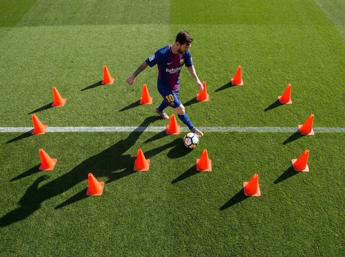 Figure-8 dribbling drill with cones for agility and momentum control