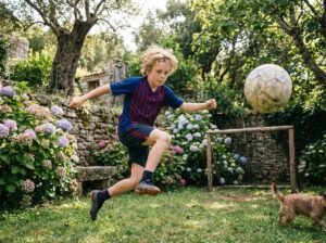 Youth soccer player practicing wall juggling drills for better ball control